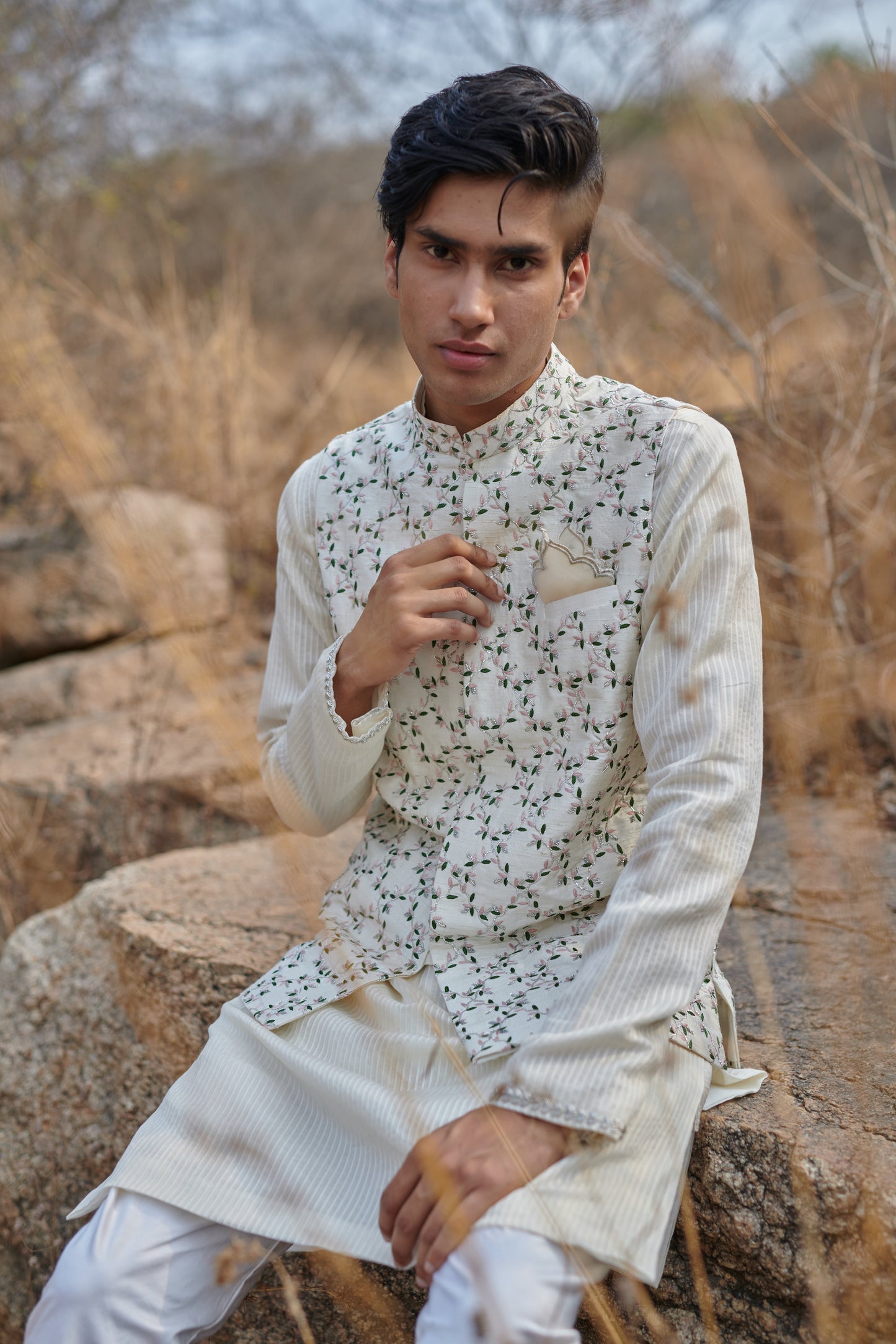 Off-white leaf embroidered nehru jacket set