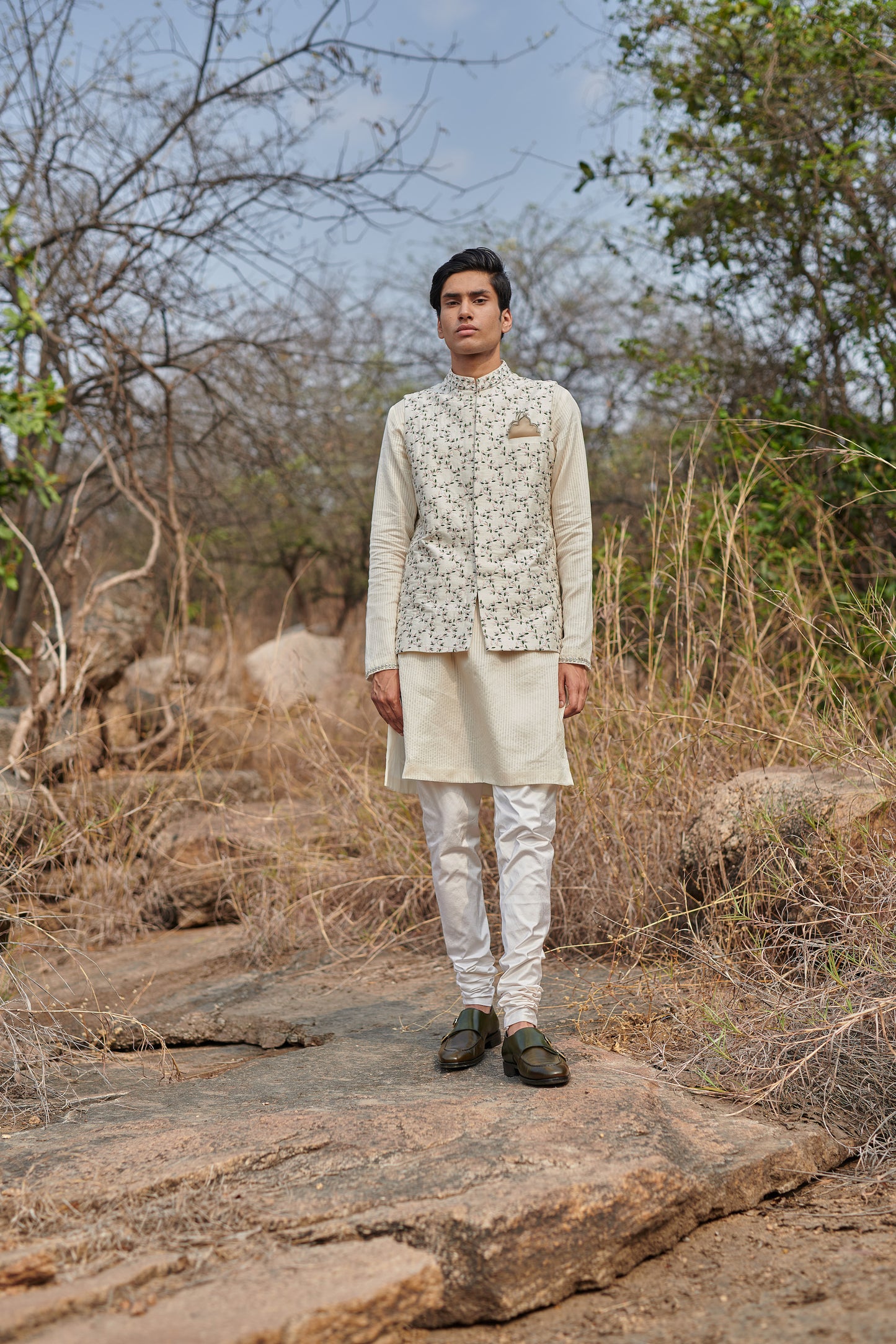 Off-white leaf embroidered nehru jacket set