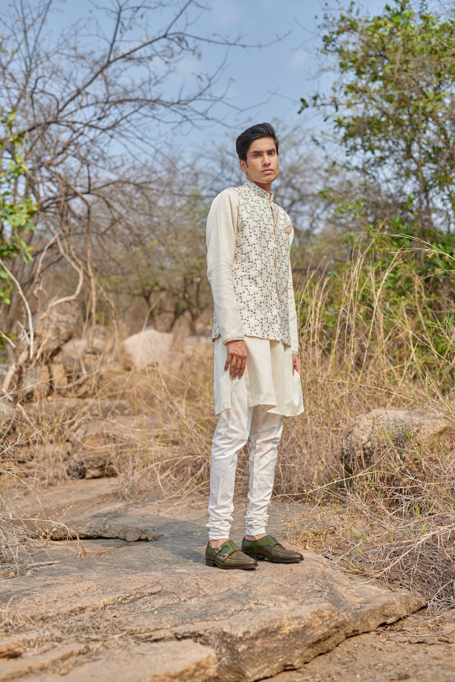 Off-white leaf embroidered nehru jacket set