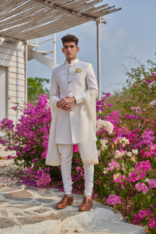 Off-white quilted sherwani set