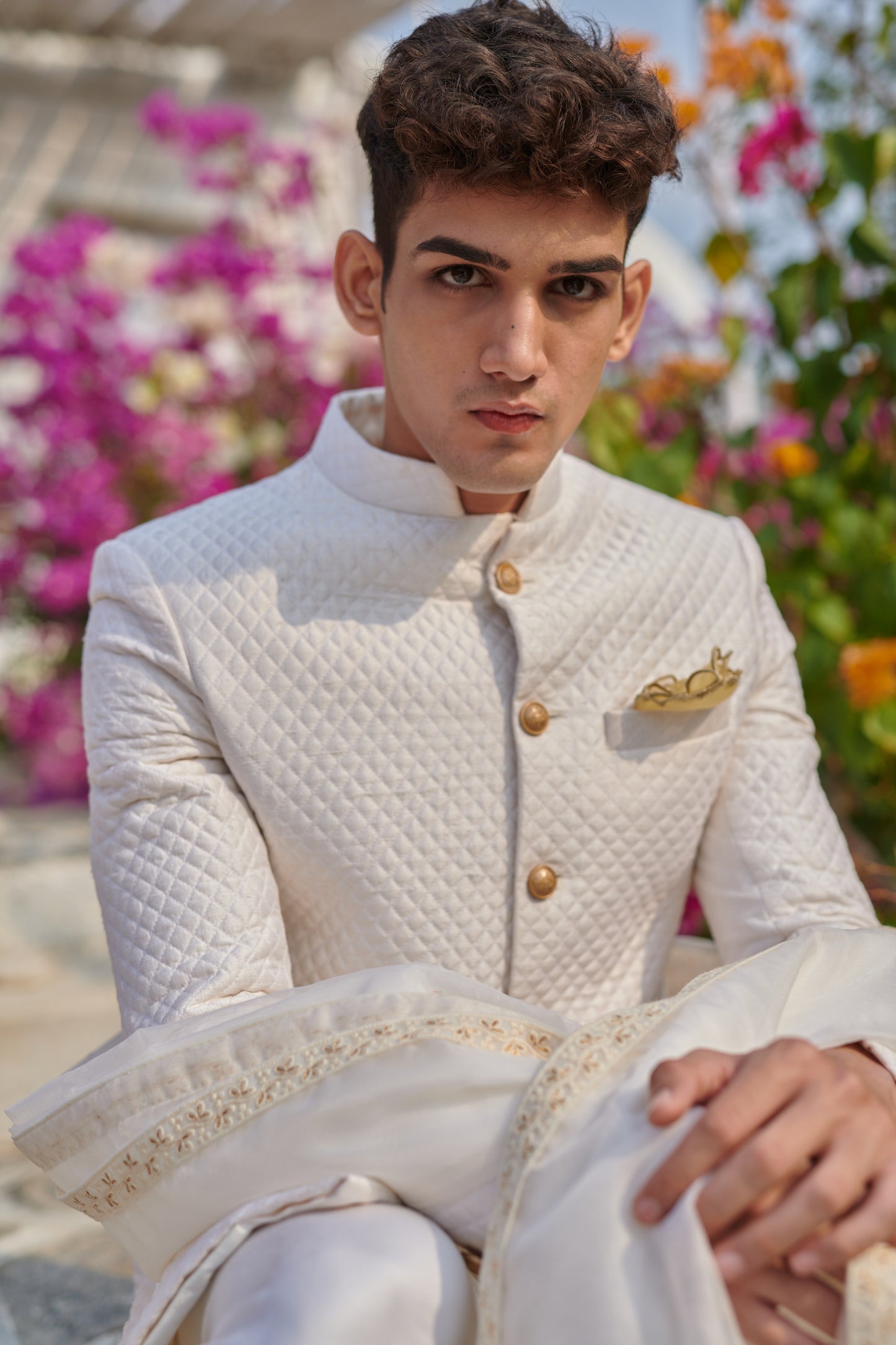 Off-white quilted sherwani set