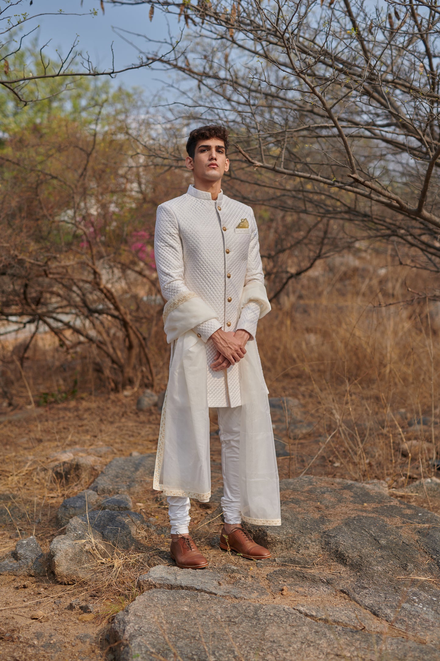 Off-white quilted sherwani set
