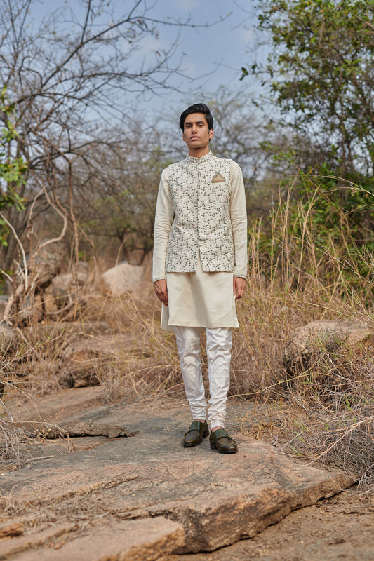 Off-white leaf embroidered nehru jacket set