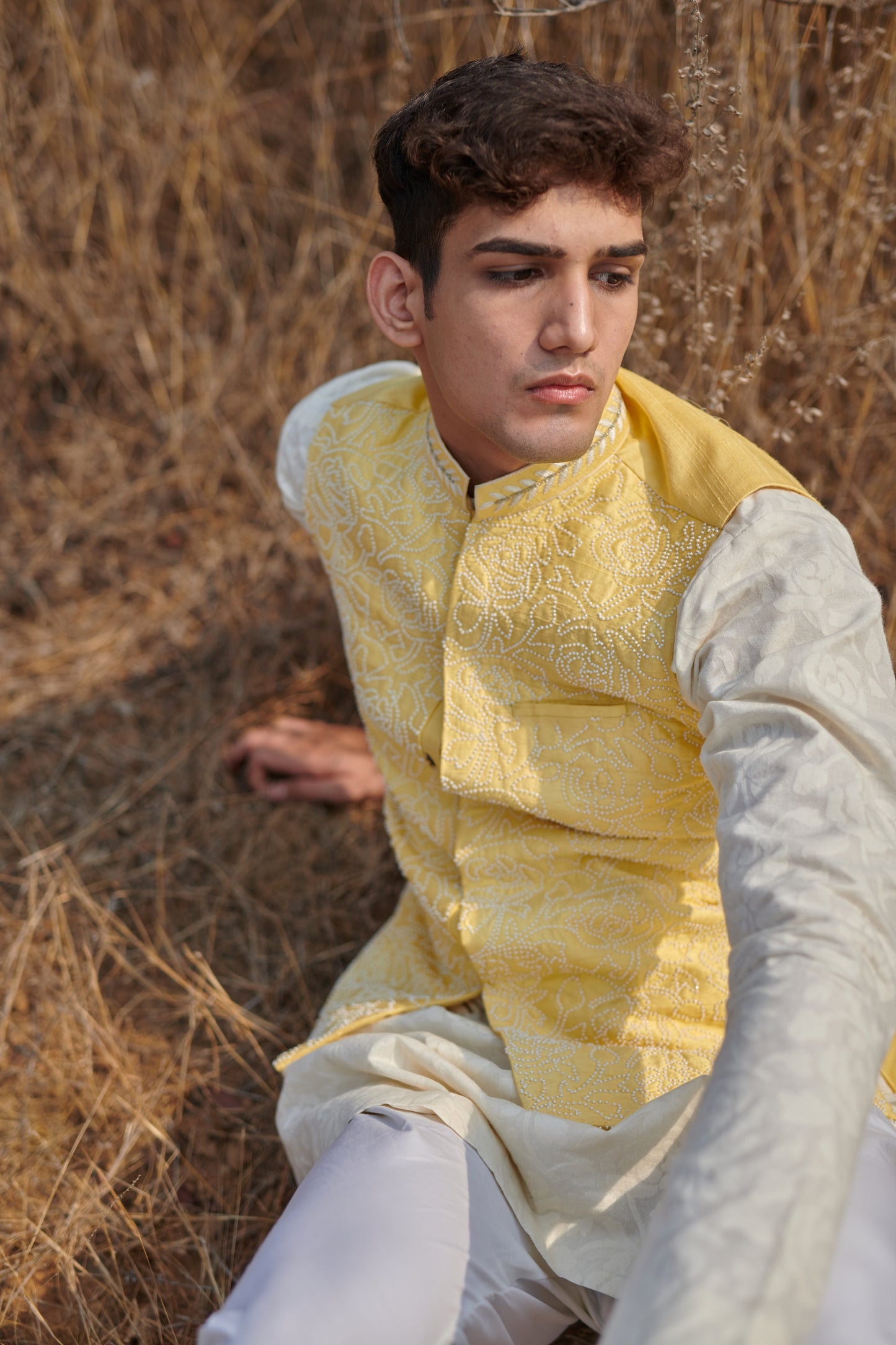 Summer daffodil nehru jacket set