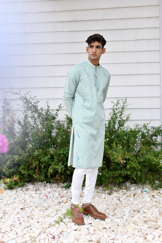 SUBTLE GREEN BIRD MOTIF KURTA