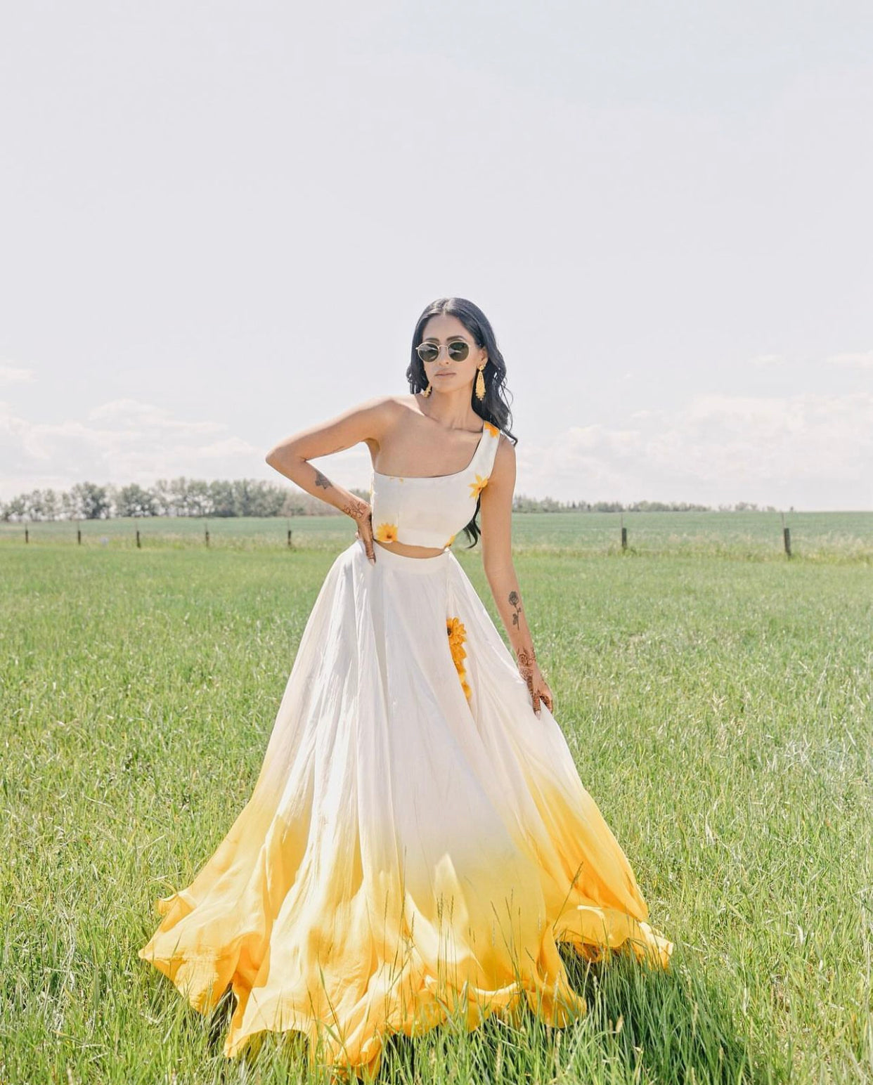 Sunflower ombre handpainted lehenga set (with dupatta)