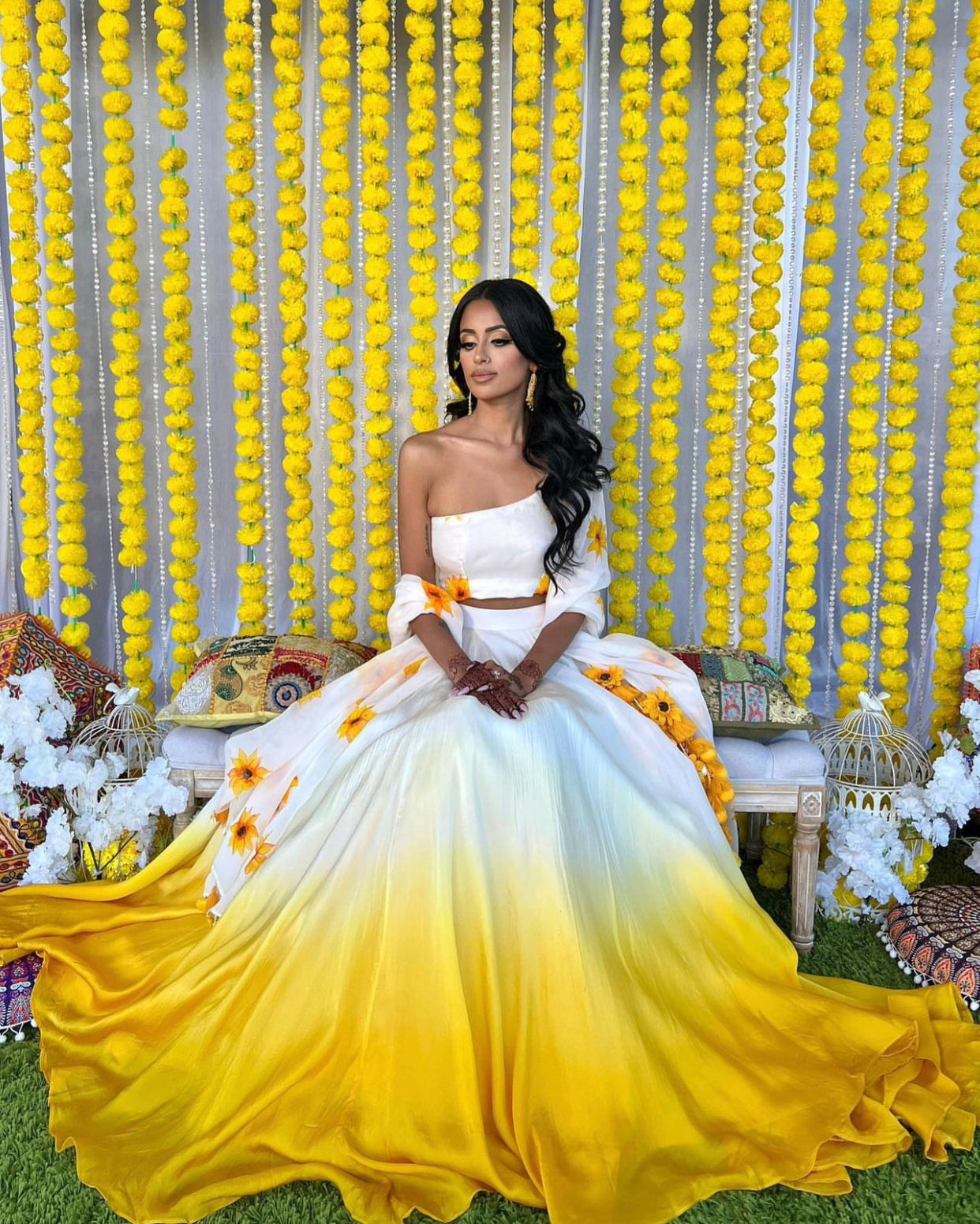 Sunflower ombre handpainted lehenga set (with dupatta)